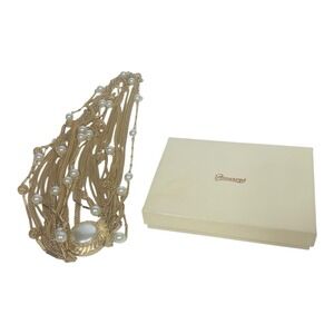 Vintage Estate Gold Tone Necklace Faux Pearl Beaded Multi-Strand Jewelry